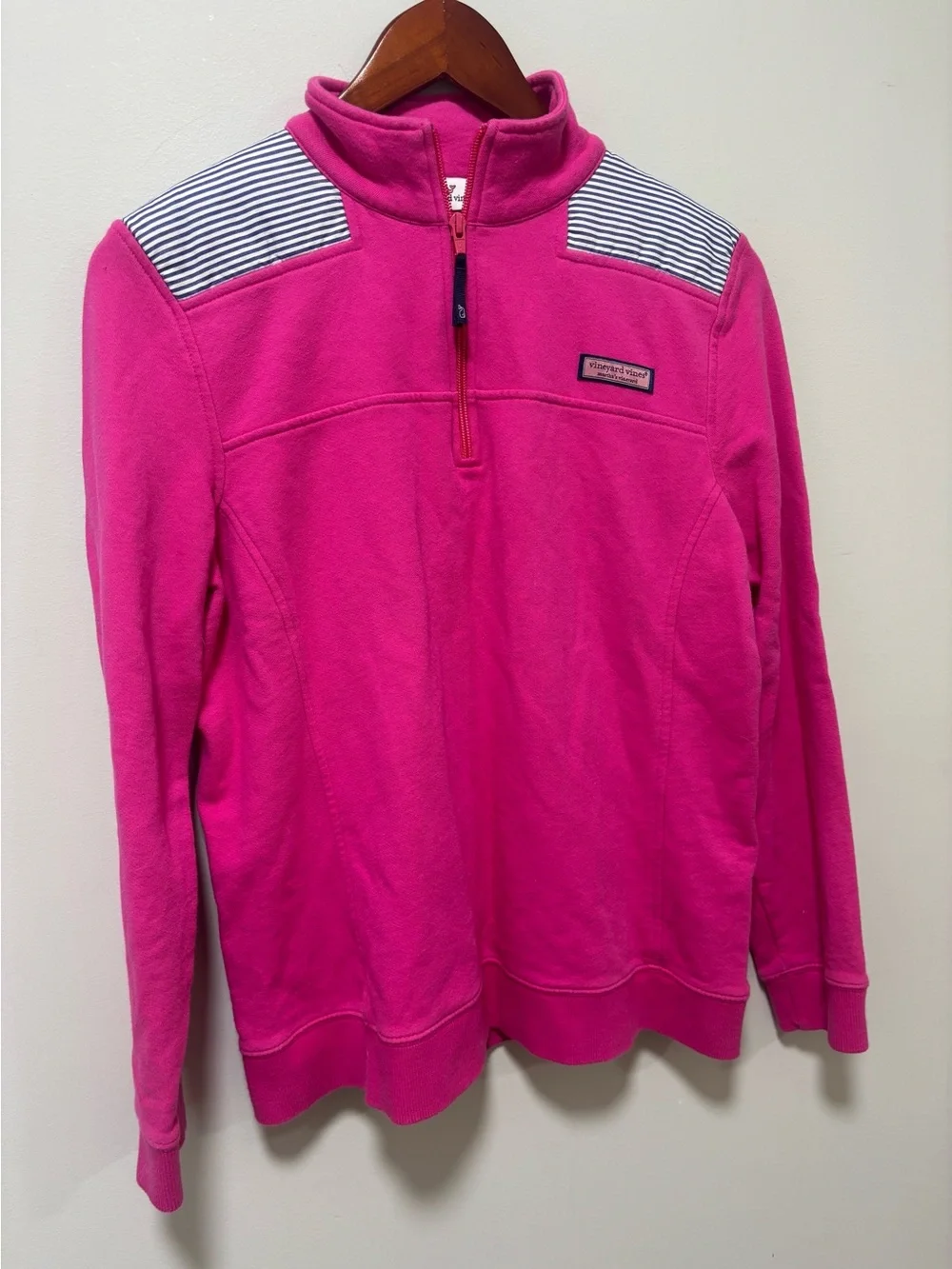 Vineyard Vines 100% Cotton Hot Pink Quarter Zip with Navy White Stripes M